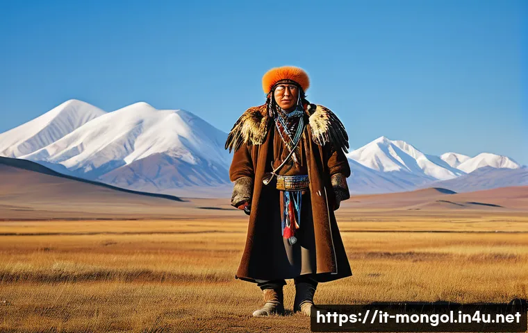 몽골 황금 독수리 축제 - A majestic Mongolian eagle hunter dressed in traditional colorful deels and leather boots, standing ...