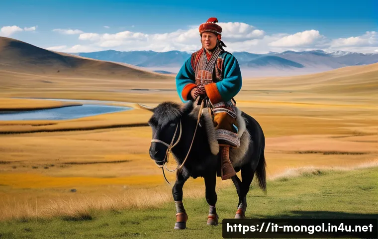 몽골의 유목민 장비 - A detailed scene showing a Mongolian nomad dressed in a traditional deel made of sheep wool and leat...