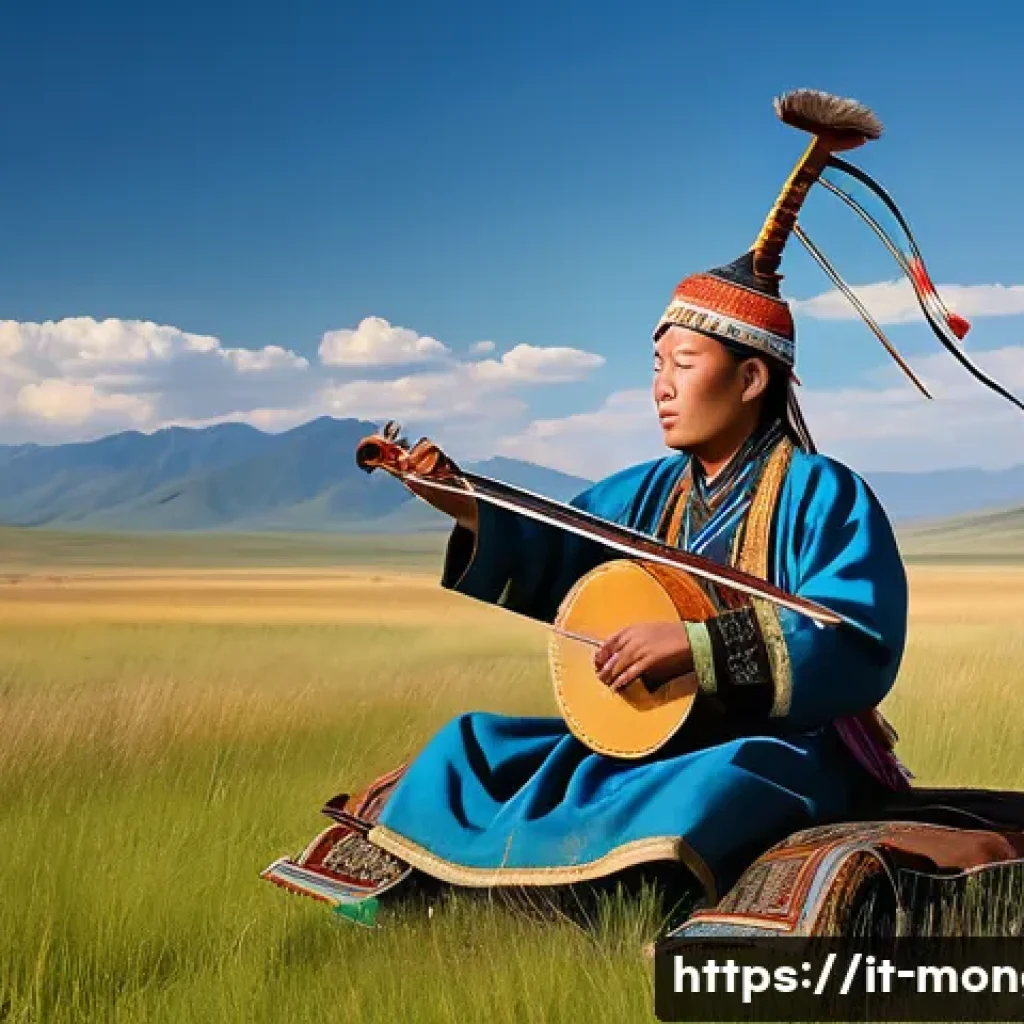 몽골 전통 악기의 종류 - A Mongolian nomadic musician dressed in traditional attire, playing the morin khuur (horsehead fiddl...