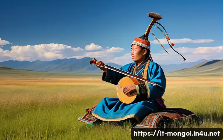 몽골 전통 악기의 종류 - A Mongolian nomadic musician dressed in traditional attire, playing the morin khuur (horsehead fiddl...