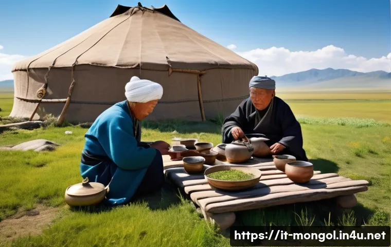 몽골에서의 전통 차례와 의식 - A serene Mongolian nomadic tea ceremony set in the vast, open steppes under a clear blue sky. Elderl...