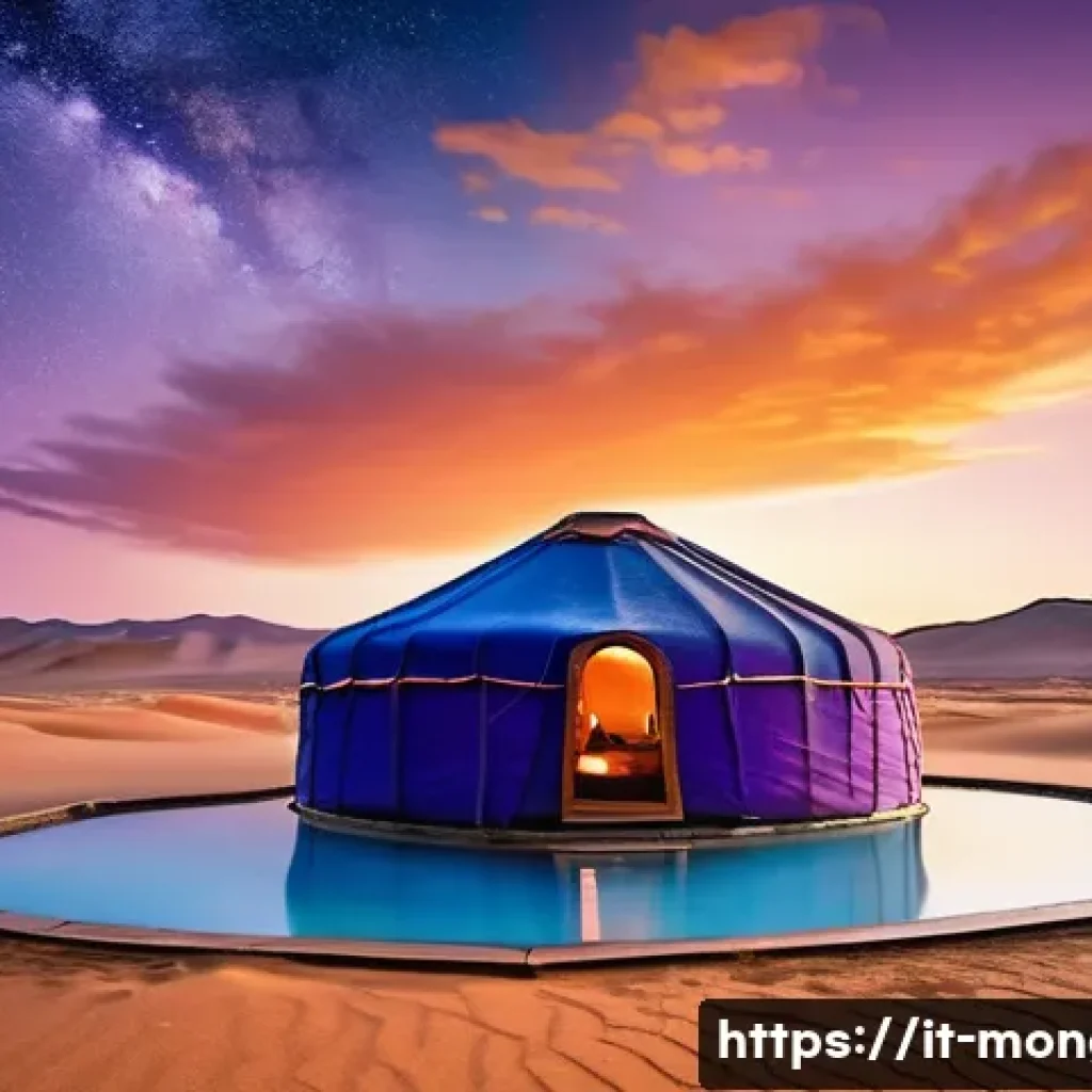 몽골 온천 여행 추천지 - A serene Mongolian hot spring nestled among vast desert dunes at sunset, warm mineral-rich steam ris...