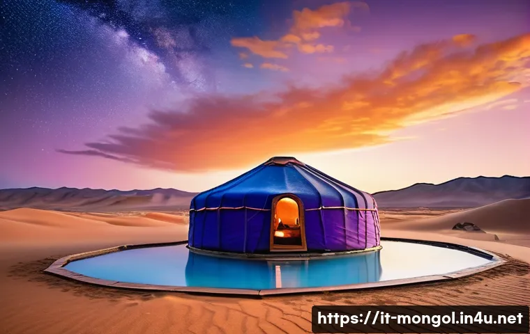몽골 온천 여행 추천지 - A serene Mongolian hot spring nestled among vast desert dunes at sunset, warm mineral-rich steam ris...