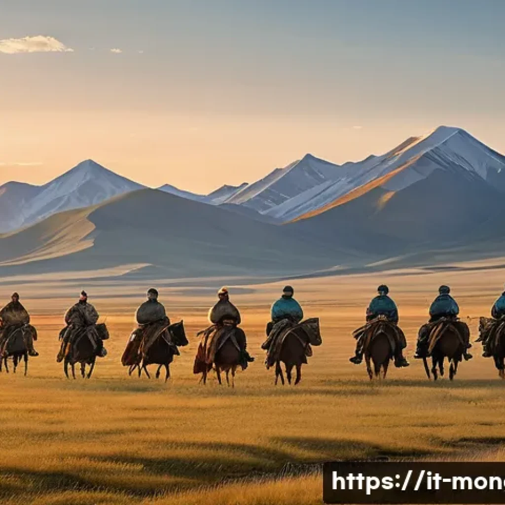 몽골 여행 보험 필요성 - A rugged Mongolian steppe landscape at sunrise with a group of adventurers on horseback wearing outd...