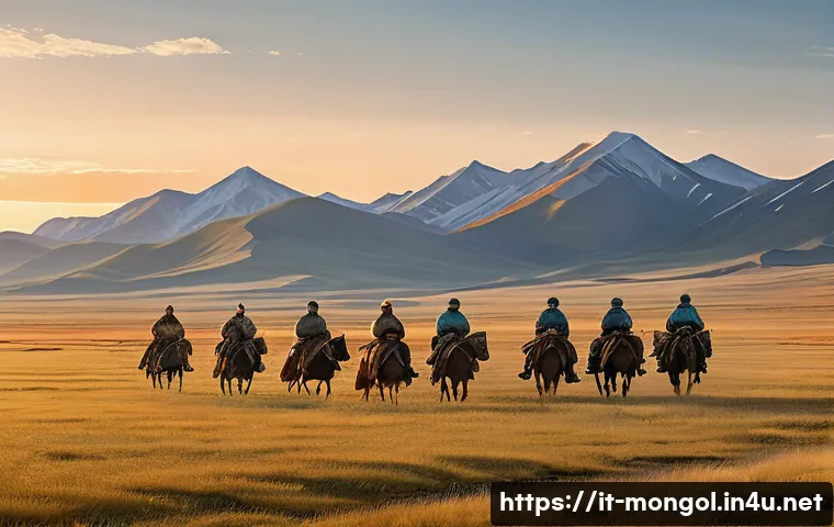 몽골 여행 보험 필요성 - A rugged Mongolian steppe landscape at sunrise with a group of adventurers on horseback wearing outd...