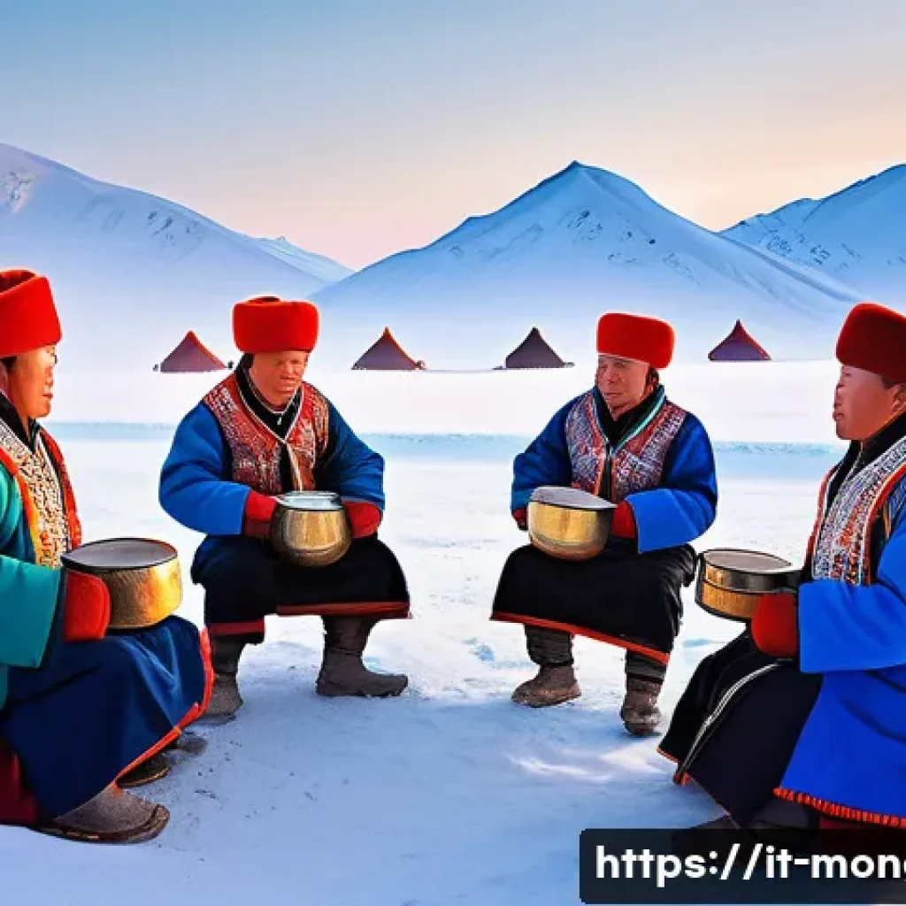 몽골 겨울 축제 정보 - A vibrant winter festival scene in a Mongolian nomadic village covered in snow, with warmly dressed ...