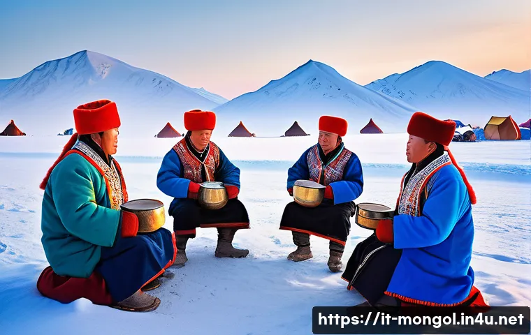 몽골 겨울 축제 정보 - A vibrant winter festival scene in a Mongolian nomadic village covered in snow, with warmly dressed ...