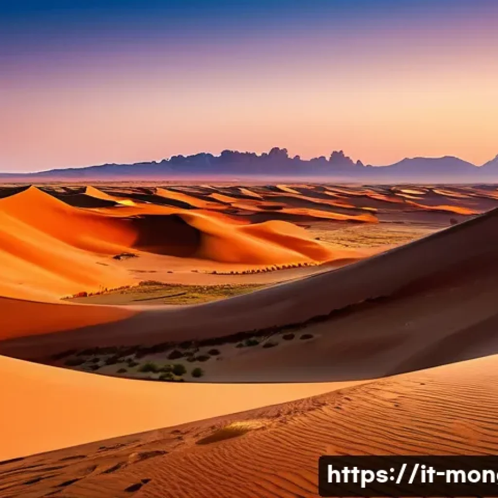 고비사막 투어 가이드 - A panoramic view of the Gobi Desert at sunset, featuring golden sand dunes and wind-sculpted rock fo...