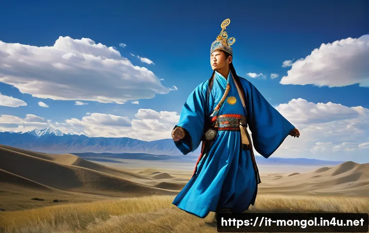몽골의 독특한 전설과 신화 - A majestic depiction of Tengri, the Mongolian sky spirit, portrayed as a powerful and ethereal deity...