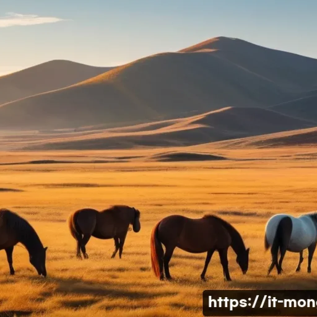 몽골 가을 풍경 사진 명소 - A panoramic view of the Mongolian steppes in autumn, showcasing vast golden-yellow and deep red gras...