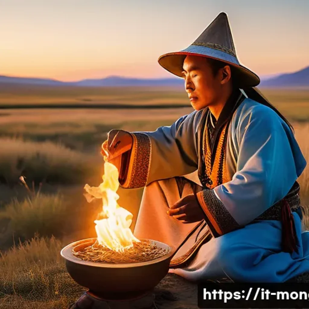 몽골 전통 치유법 - A serene Mongolian healer performing a traditional energy-balancing ritual outdoors on the vast step...