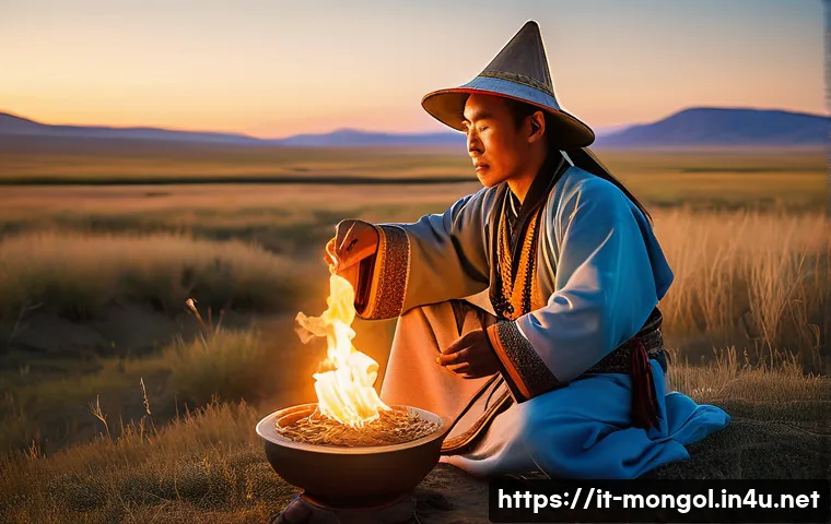 몽골 전통 치유법 - A serene Mongolian healer performing a traditional energy-balancing ritual outdoors on the vast step...