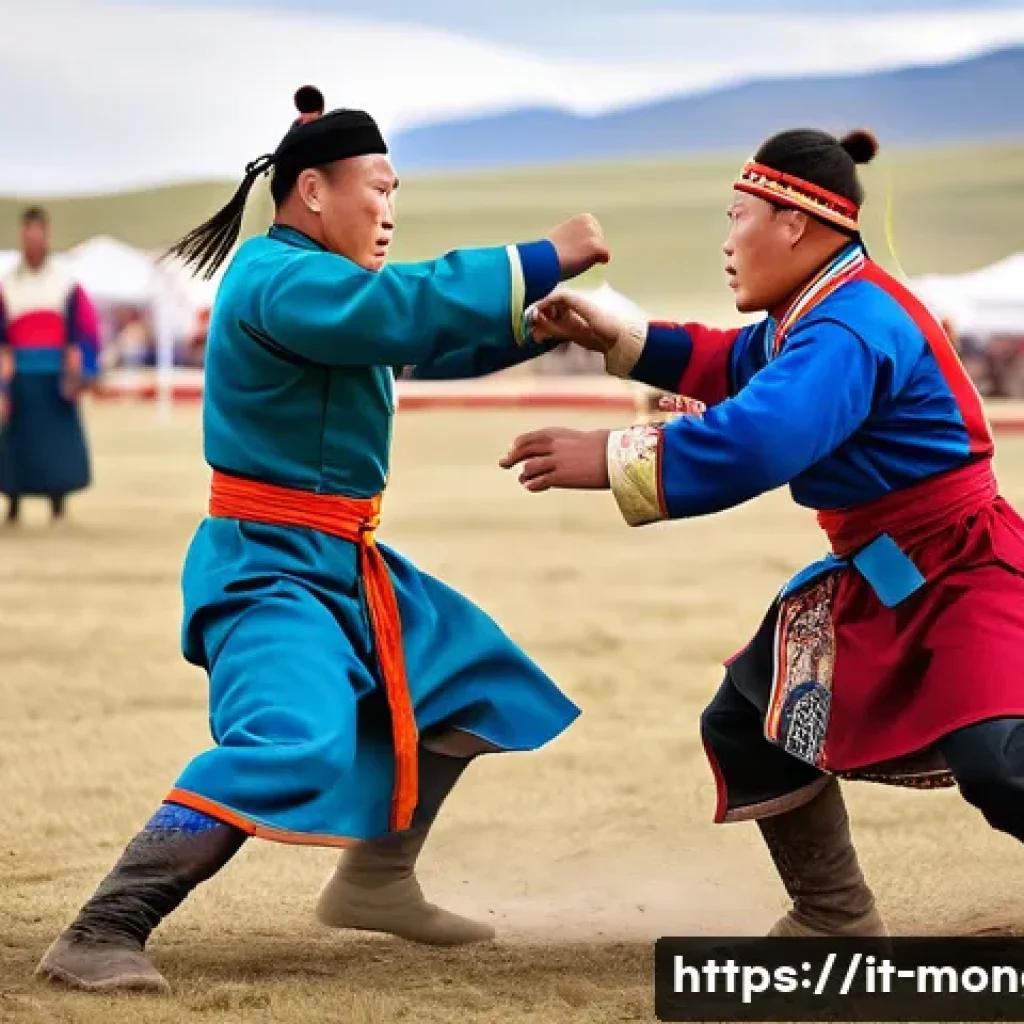 몽골 전통 스포츠 씨름 - A dynamic scene depicting two traditional Mongolian Bökh wrestlers engaged in combat during the Naad...