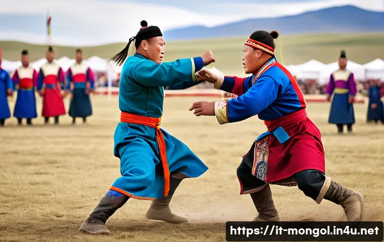 몽골 전통 스포츠 씨름 - A dynamic scene depicting two traditional Mongolian Bökh wrestlers engaged in combat during the Naad...