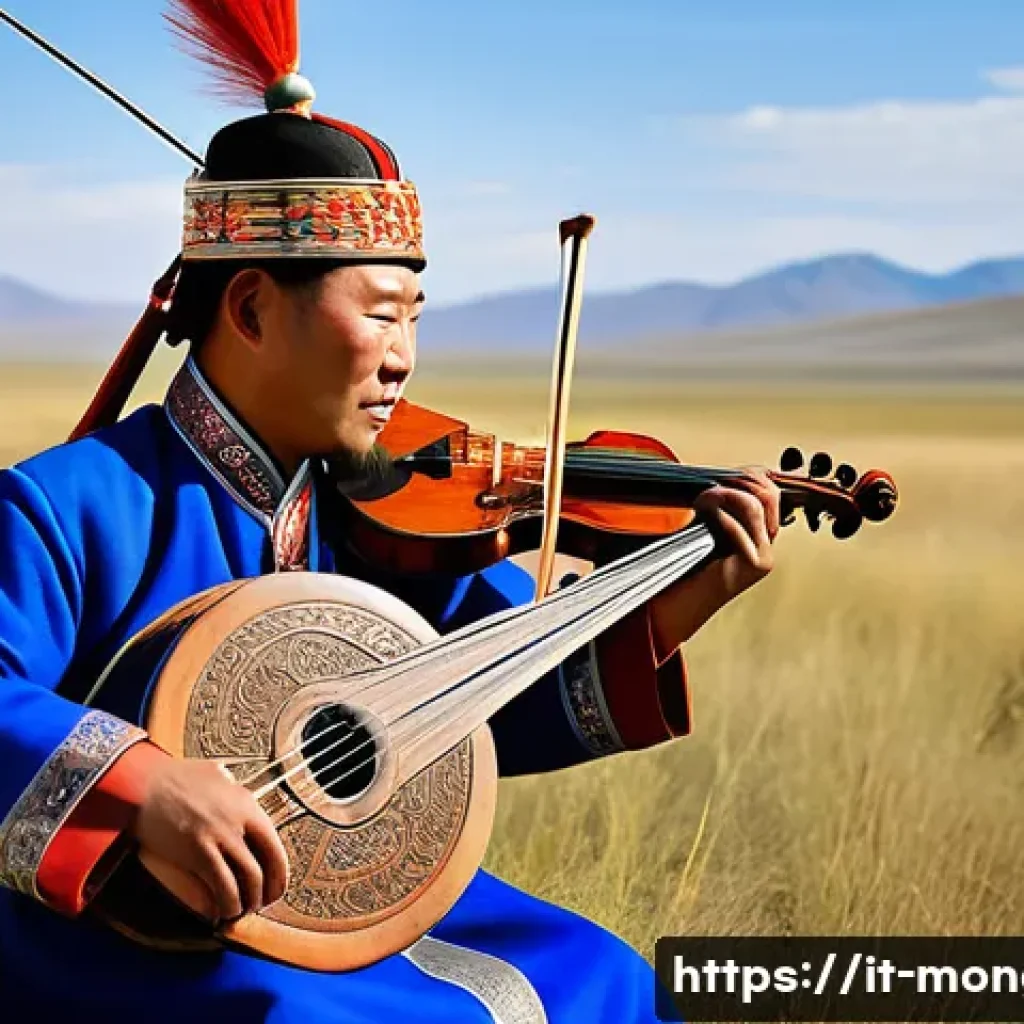 몽골 음악 축제 - A traditional Mongolian musician playing the Morin Khuur, the horsehead fiddle, in an open grassland...