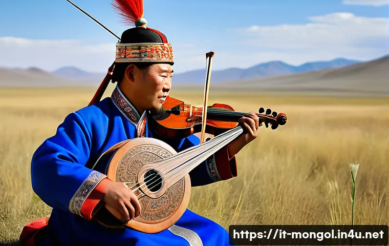 몽골 음악 축제 - A traditional Mongolian musician playing the Morin Khuur, the horsehead fiddle, in an open grassland...
