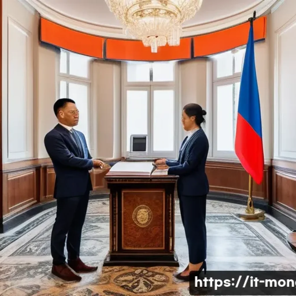 몽골 대사관과 관련된 정보 - A modern embassy reception area in Rome, Italy, showcasing a professional Mongolian embassy staff me...
