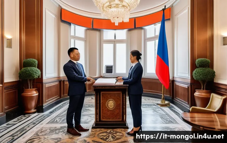 몽골 대사관과 관련된 정보 - A modern embassy reception area in Rome, Italy, showcasing a professional Mongolian embassy staff me...