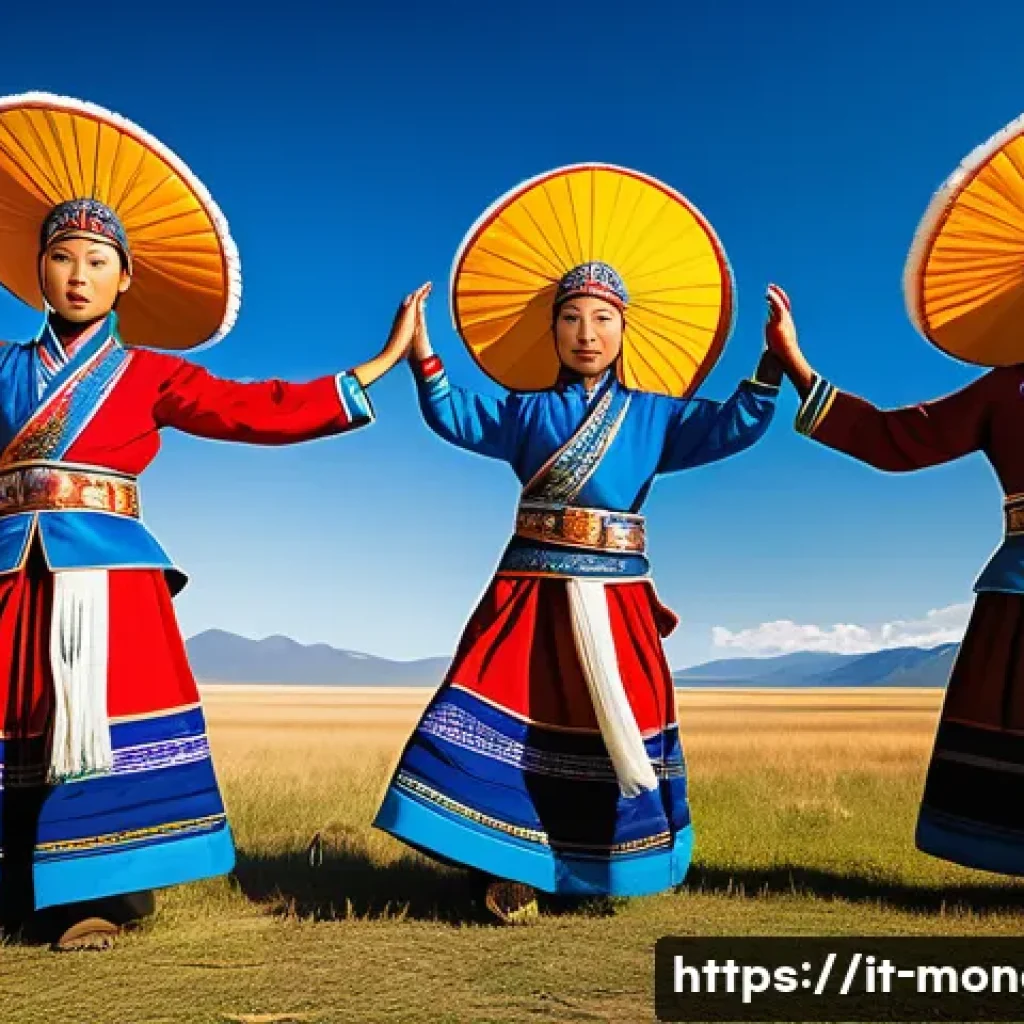몽골의 전통 춤의 의미 - A group of Mongolian dancers performing a traditional nomadic dance on the vast steppe under a brigh...