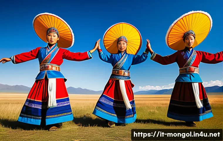 몽골의 전통 춤의 의미 - A group of Mongolian dancers performing a traditional nomadic dance on the vast steppe under a brigh...