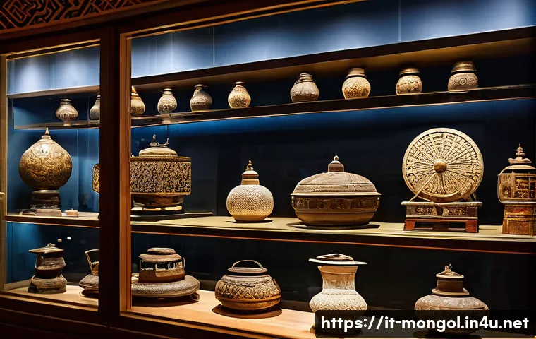 몽골의 주요 문화 센터 - A detailed interior scene of the National Museum of Mongolia in Ulaanbaatar, showcasing ancient noma...