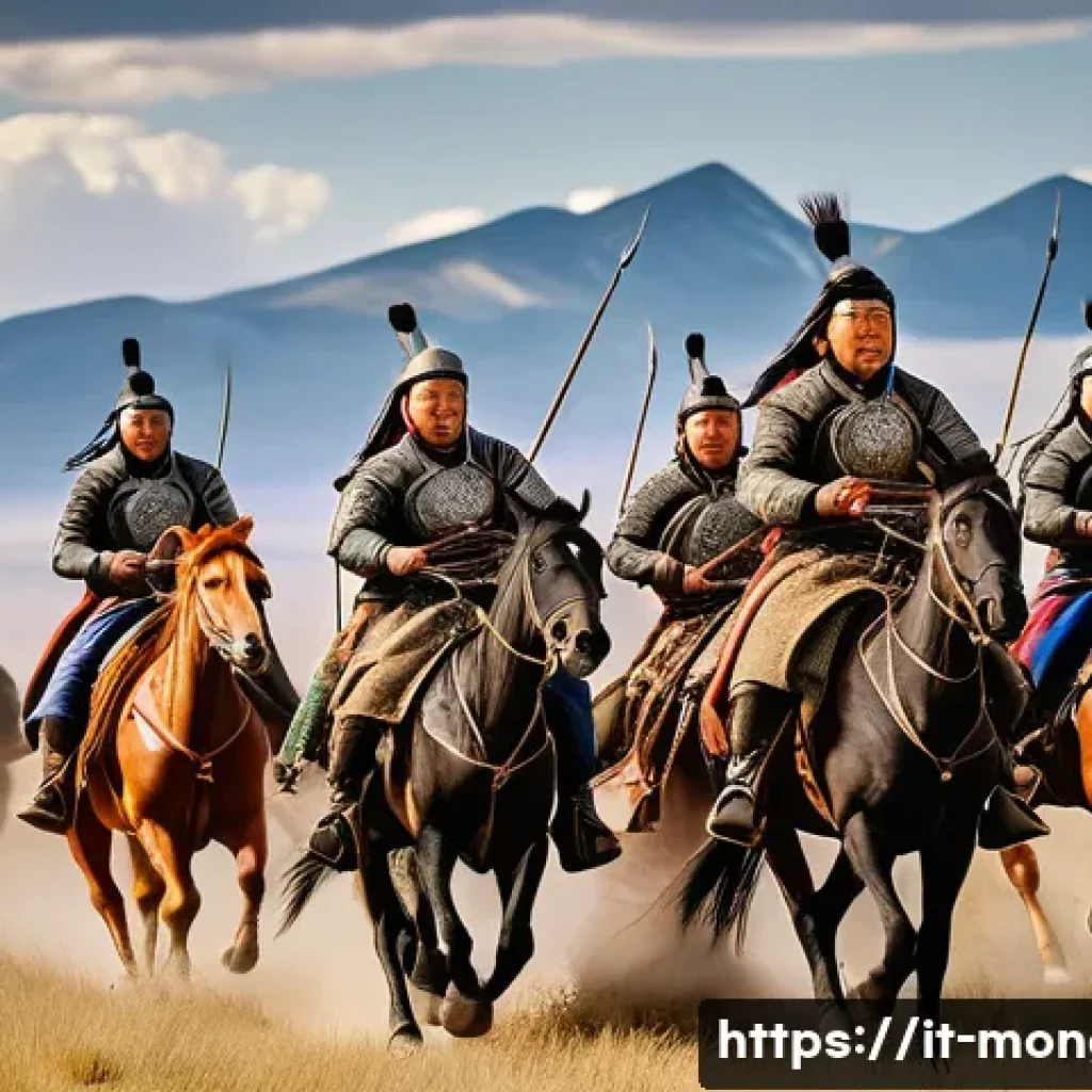 몽골 황금기 시대 유적 - A dynamic scene of Mongol warriors on horseback charging across the vast steppes, wearing traditiona...