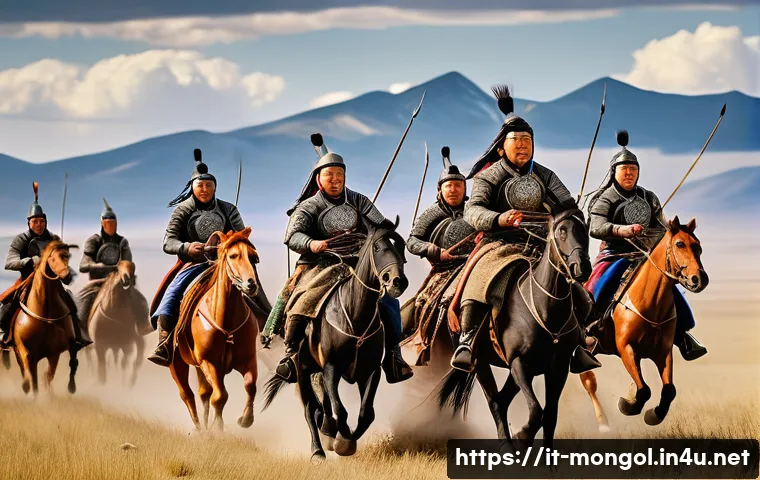 몽골 황금기 시대 유적 - A dynamic scene of Mongol warriors on horseback charging across the vast steppes, wearing traditiona...