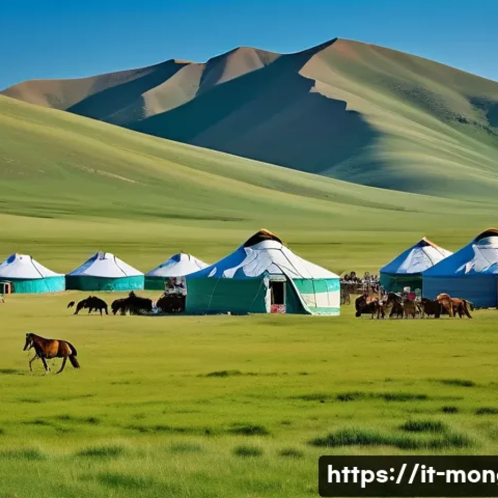 몽골 관광 시즌별 추천 - A vibrant summer scene in the Mongolian steppes under a clear blue sky, featuring traditional white ...