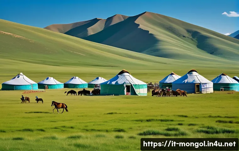 몽골 관광 시즌별 추천 - A vibrant summer scene in the Mongolian steppes under a clear blue sky, featuring traditional white ...