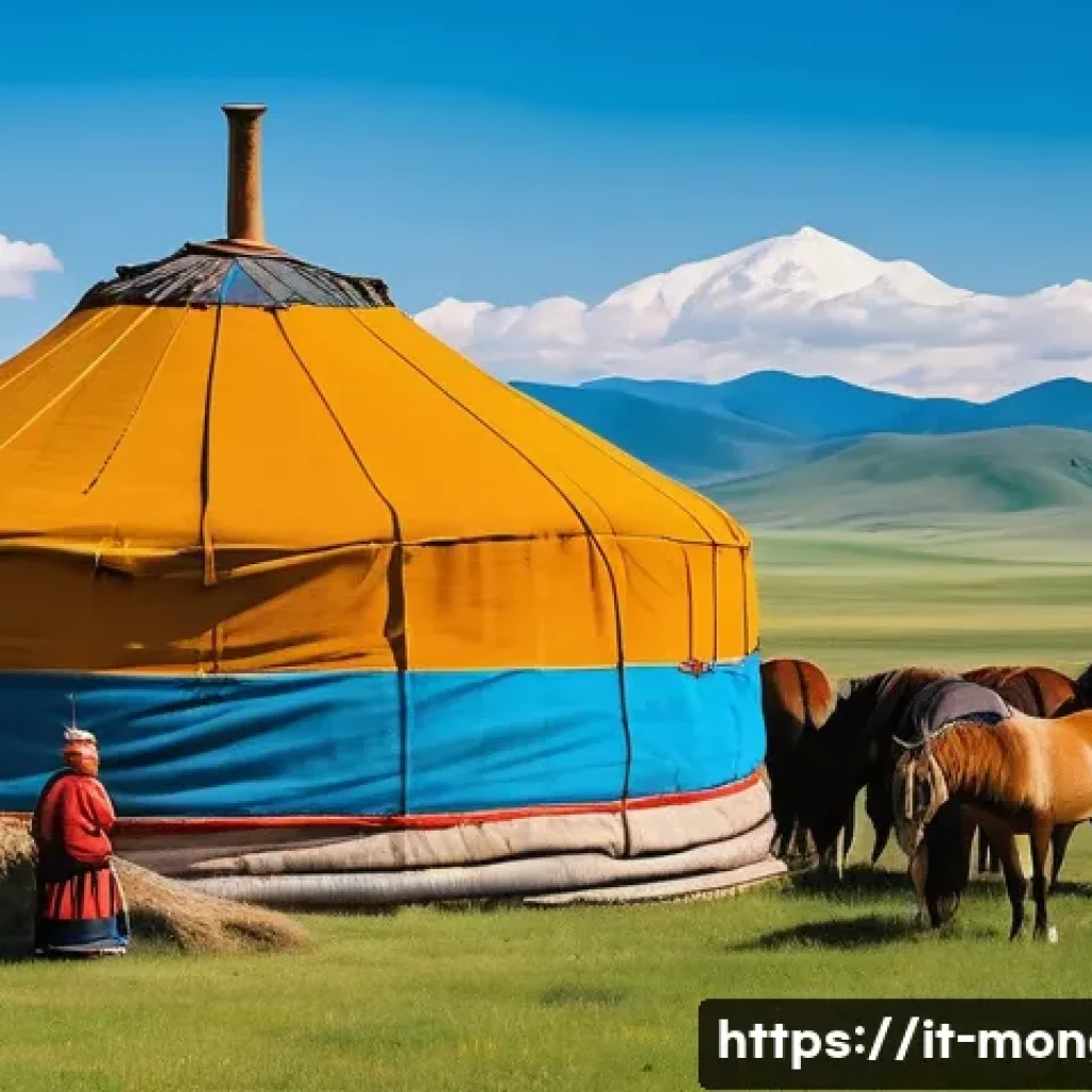 몽골 독립 후 현대화 역사 - A vibrant scene depicting a modern Mongolian nomadic family outside their traditional ger (yurt) ten...