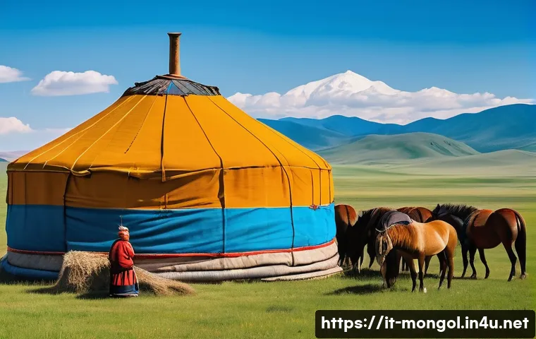몽골 독립 후 현대화 역사 - A vibrant scene depicting a modern Mongolian nomadic family outside their traditional ger (yurt) ten...