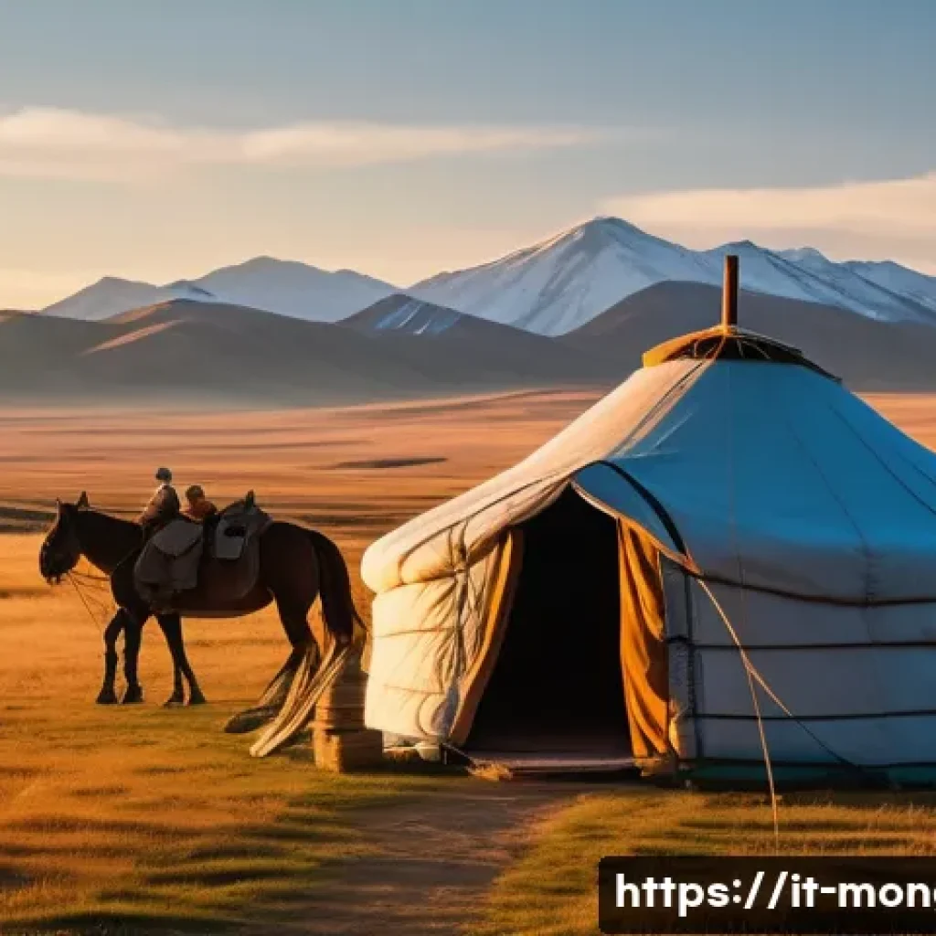 몽골 바르가자르 체험 - A traditional Mongolian nomadic family setting up a portable yurt in the vast steppe during sunset. ...