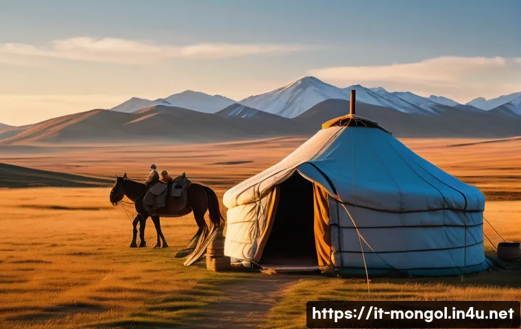 몽골 바르가자르 체험 - A traditional Mongolian nomadic family setting up a portable yurt in the vast steppe during sunset. ...