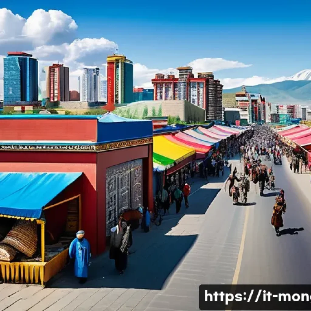 몽골의 주요 도시 특징 - A vibrant urban street scene in Ulaanbaatar blending modern skyscrapers and traditional Mongolian ge...
