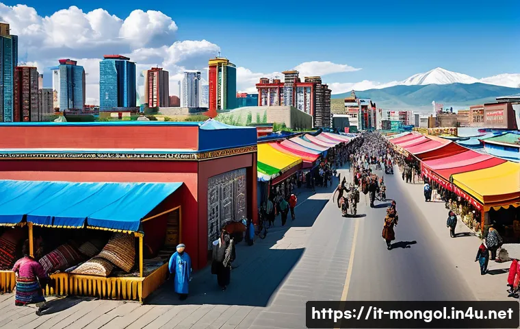 몽골의 주요 도시 특징 - A vibrant urban street scene in Ulaanbaatar blending modern skyscrapers and traditional Mongolian ge...