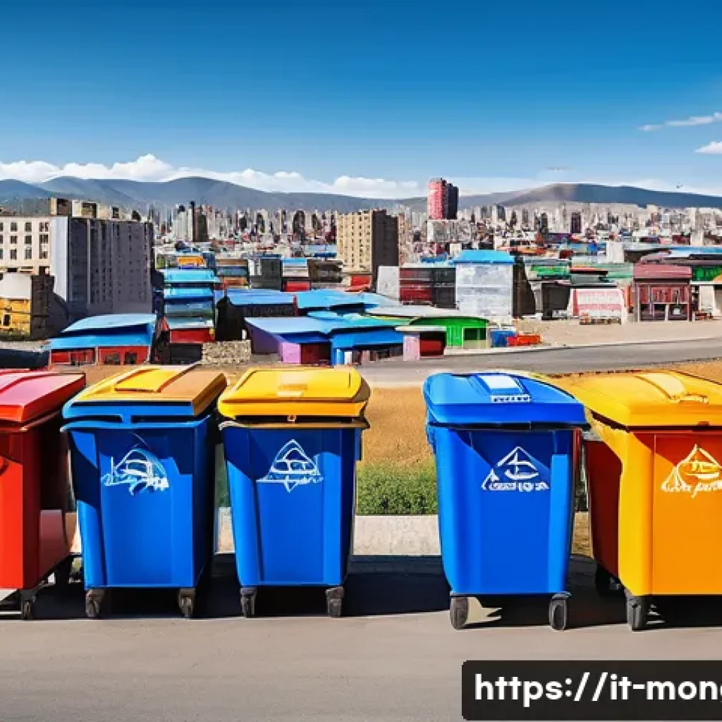 몽골에서의 자원 순환 노력 - A modern recycling center in Ulaanbaatar designed for easy waste separation, featuring sleek, colorf...