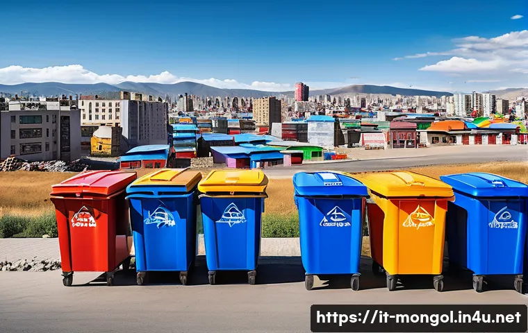 몽골에서의 자원 순환 노력 - A modern recycling center in Ulaanbaatar designed for easy waste separation, featuring sleek, colorf...