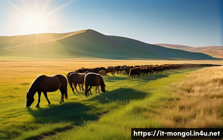 몽골 열차 여행 후기 - Vast Mongolian steppe landscape under a bright blue sky stretching endlessly to the horizon, golden ...