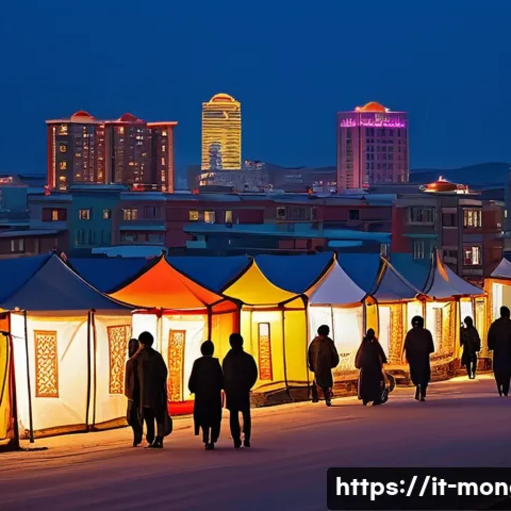 몽골의 유명 작가 - A vibrant urban Mongolian street scene at dusk, showcasing young people from diverse backgrounds eng...