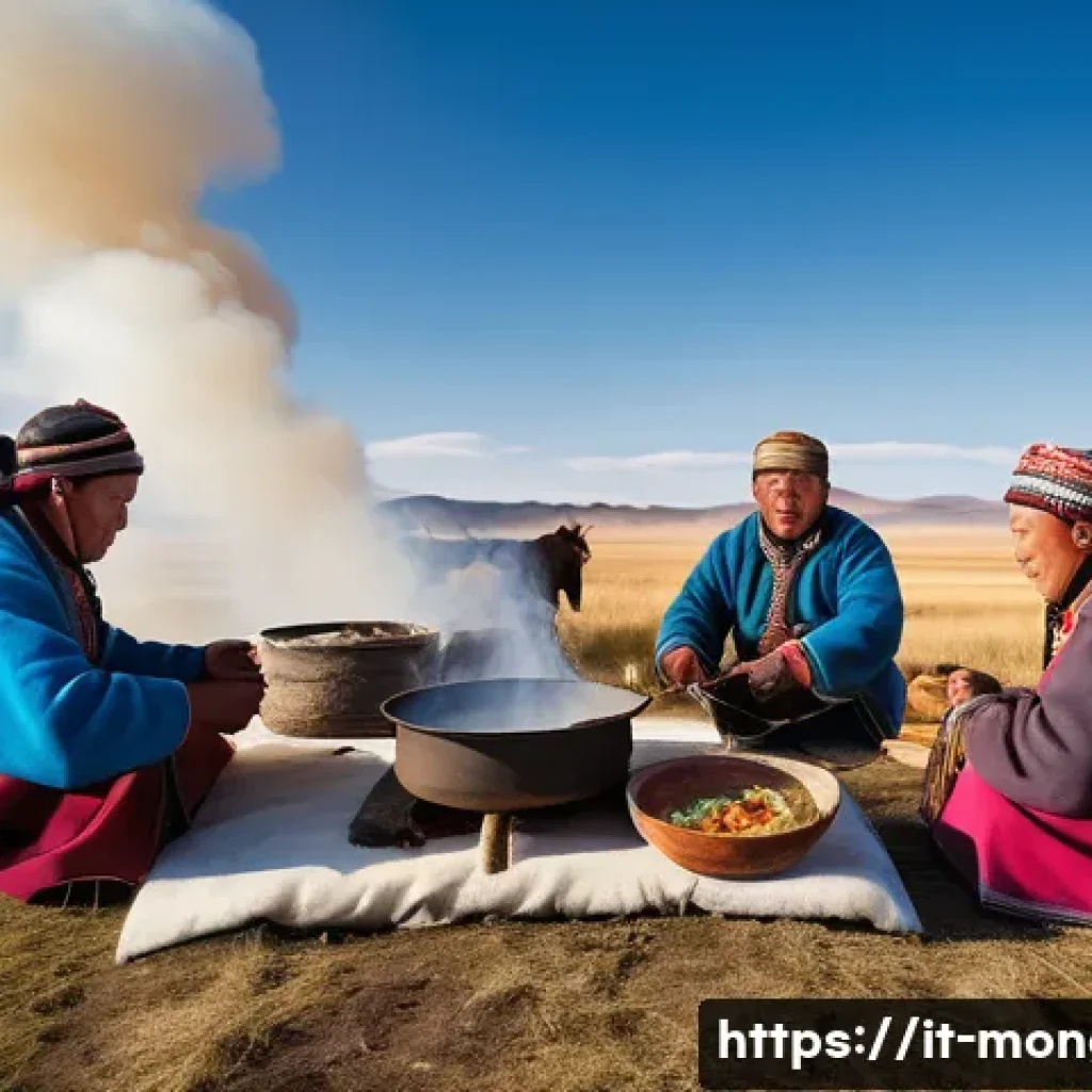 몽골 음식 레시피 - A traditional Mongolian nomad cooking scene set on the vast steppe under a clear blue sky, featuring...