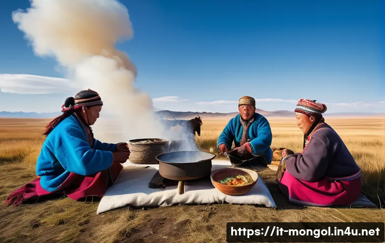 몽골 음식 레시피 - A traditional Mongolian nomad cooking scene set on the vast steppe under a clear blue sky, featuring...