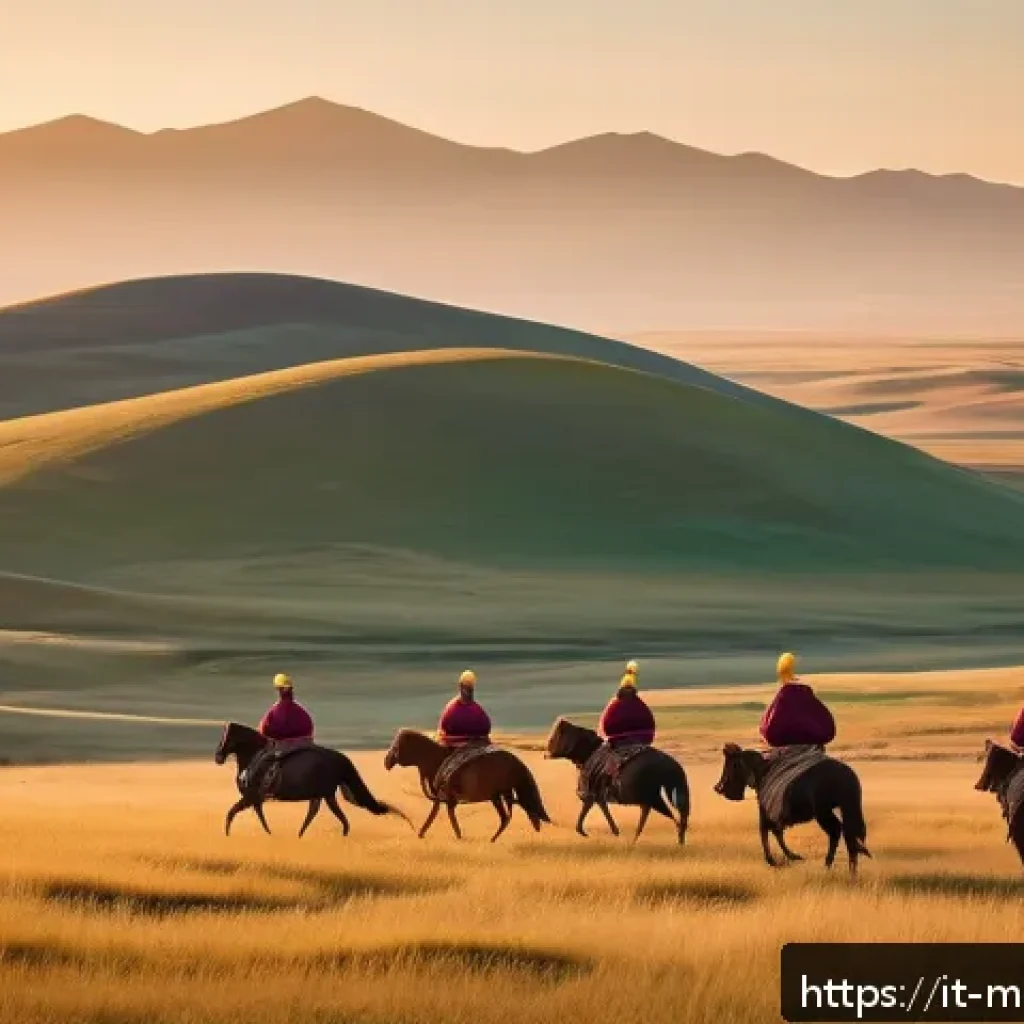 몽골의 언어별 방언 - A panoramic scene depicting the vast Mongolian steppe under a wide open sky at sunset, with a nomadi...