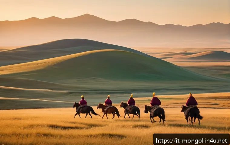 몽골의 언어별 방언 - A panoramic scene depicting the vast Mongolian steppe under a wide open sky at sunset, with a nomadi...
