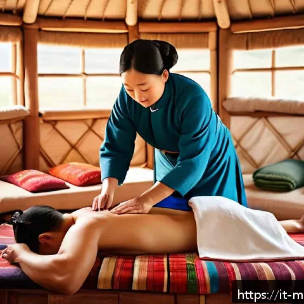 몽골의 전통 의학 - A serene Mongolian healer in traditional attire applying aromatic herbal massage on the back of a pa...