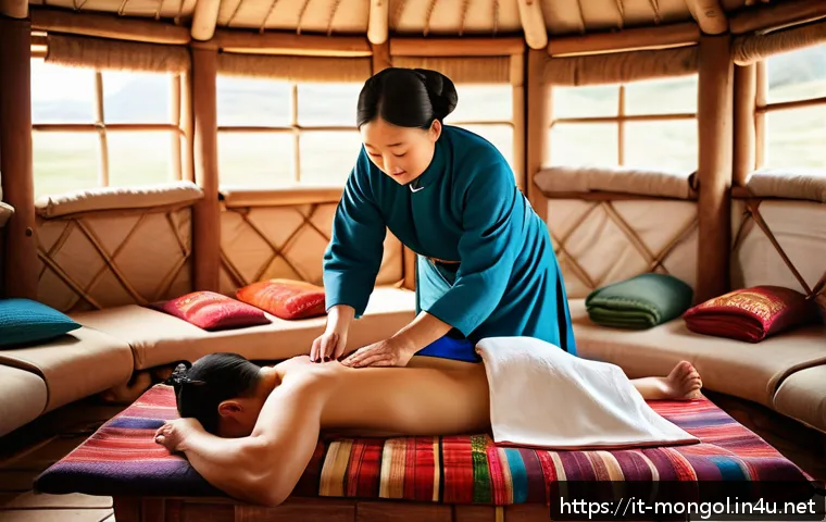 몽골의 전통 의학 - A serene Mongolian healer in traditional attire applying aromatic herbal massage on the back of a pa...