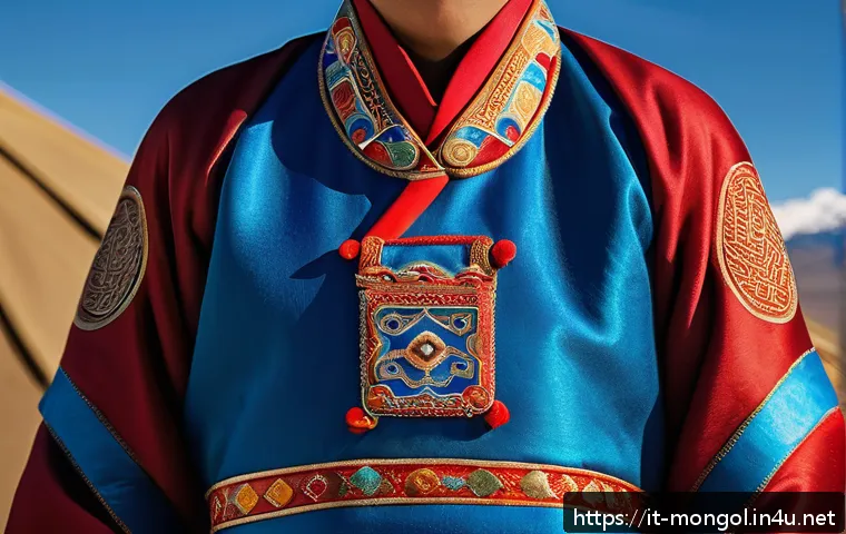 몽골 전통 문양 해석 - A detailed close-up of traditional Mongolian ceremonial clothing richly adorned with the Ulzii symbo...