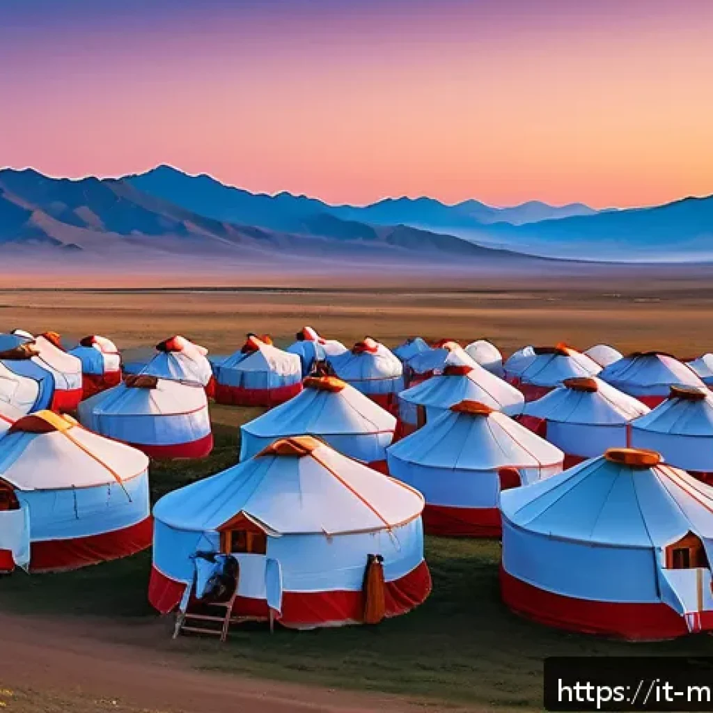 몽골과 러시아의 문화적 연결 - A vivid scene depicting a traditional Mongolian nomadic camp with multiple yurts set against the vas...