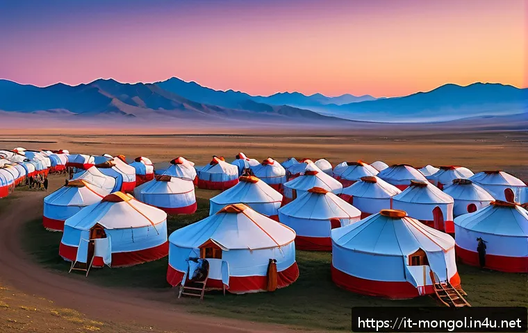 몽골과 러시아의 문화적 연결 - A vivid scene depicting a traditional Mongolian nomadic camp with multiple yurts set against the vas...