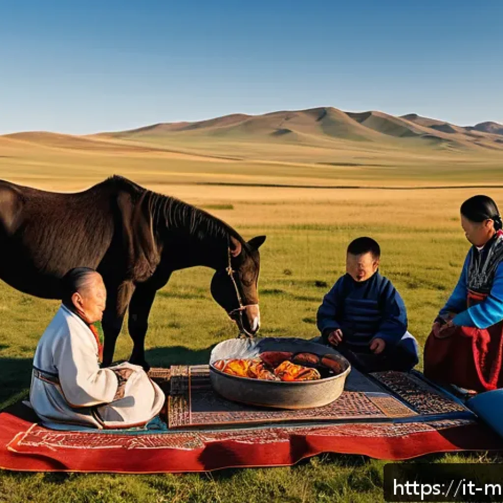 몽골의 전통적 사회 구성 - A traditional Mongolian extended family gathering outside a spacious ger in the vast steppe landscap...