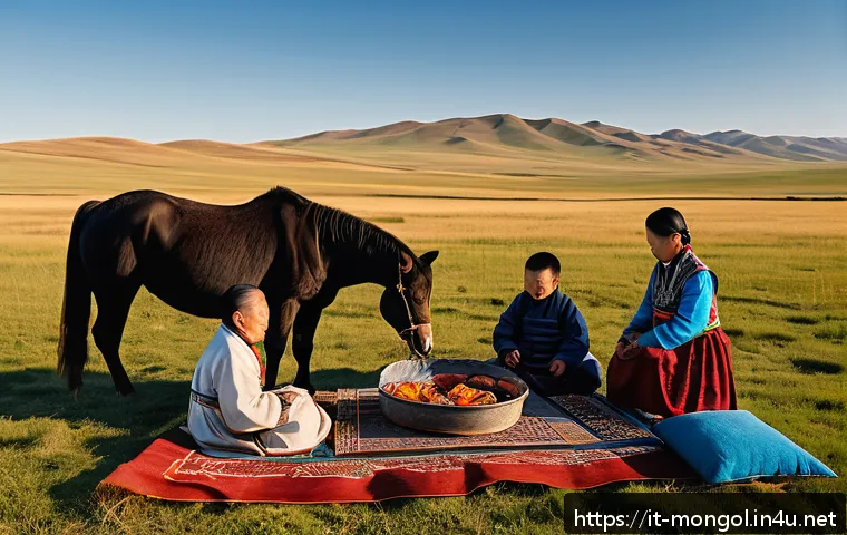 몽골의 전통적 사회 구성 - A traditional Mongolian extended family gathering outside a spacious ger in the vast steppe landscap...